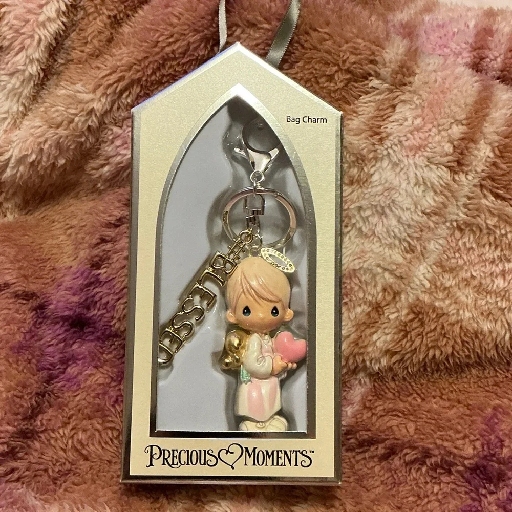 Precious Moments Pastel Pink Heart Angel Bag Charm with Gold 'BLESS' Tag